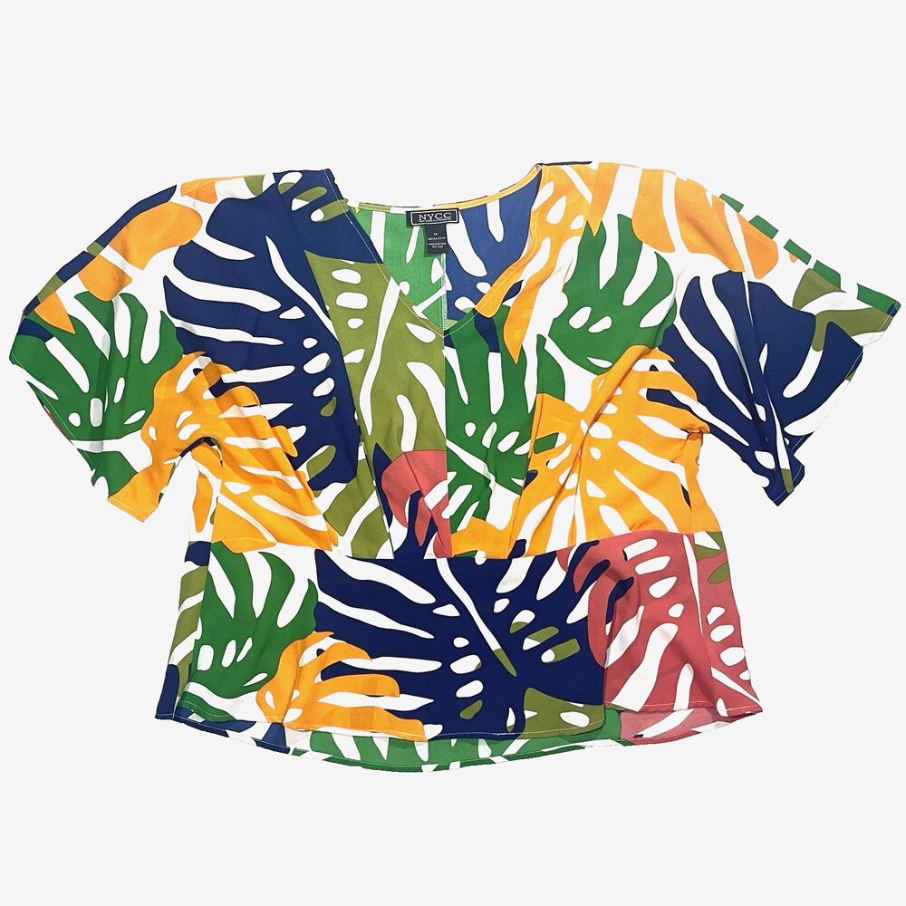 NYCC Tropical Palm Leaf Print Blouse Plus Size 1X Vacay Summer Short Sleeve Top
